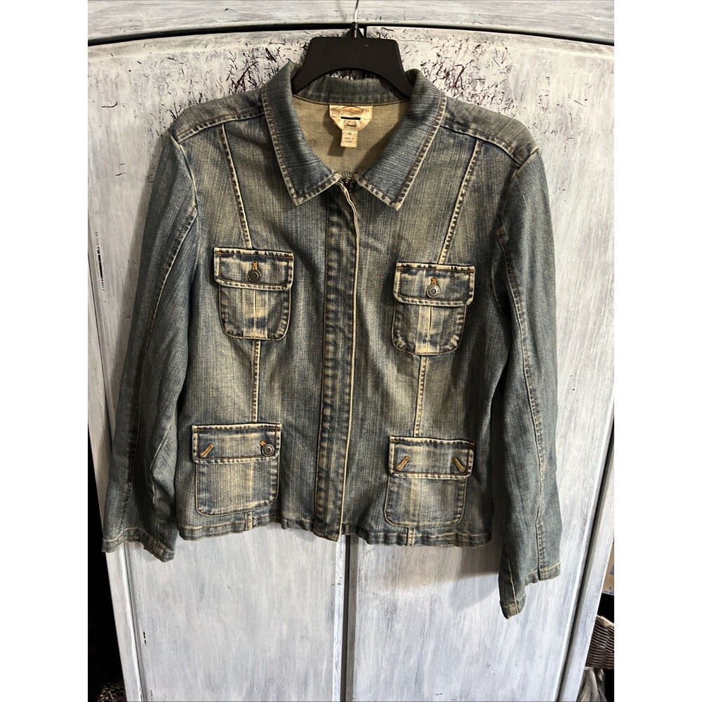 Talbots denim stretch zip up Distressed jacket Sz 14 Classic City Md Wash